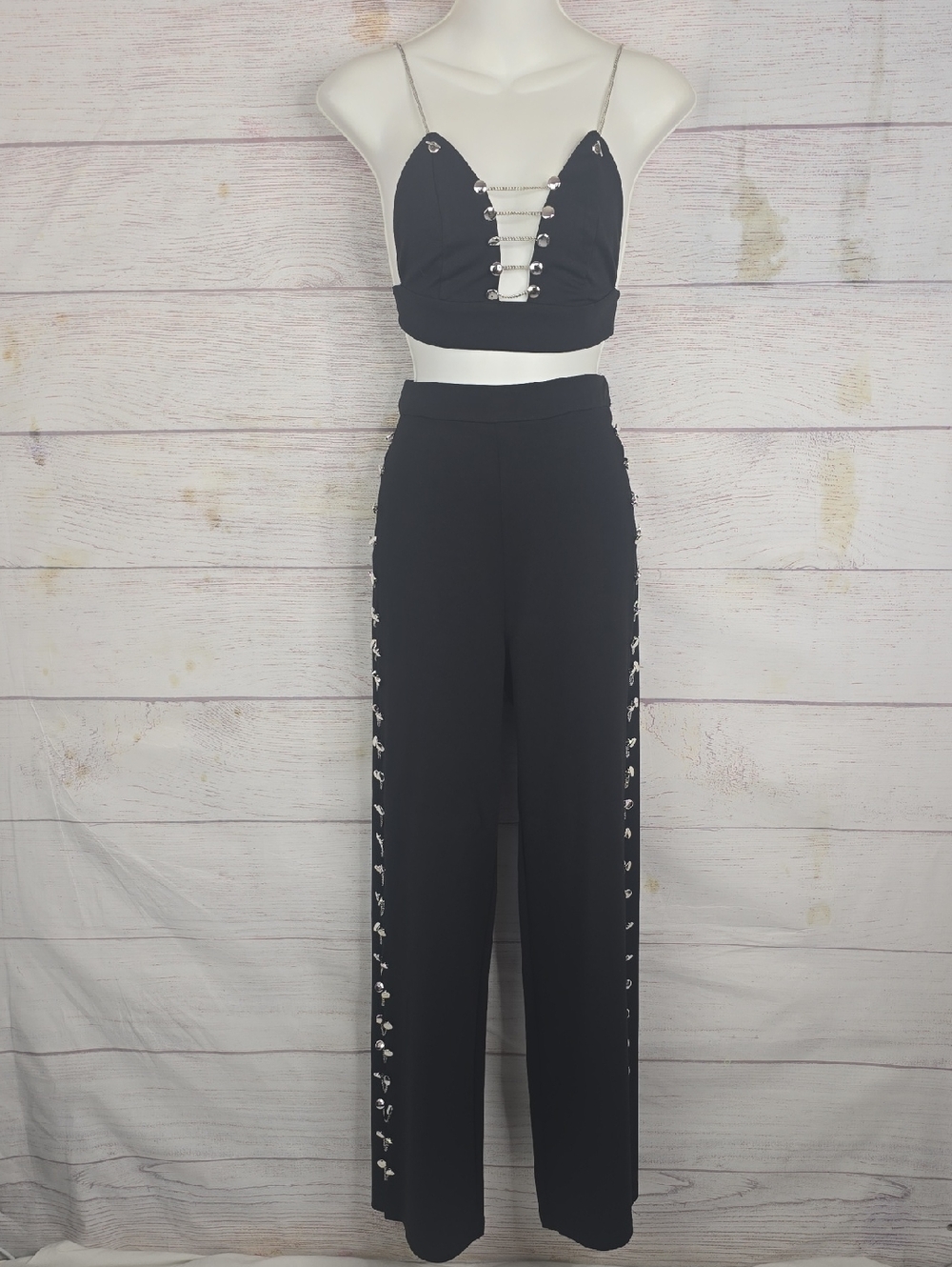 Banjul Black Wide Leg Pants with Side Silver ChainUp Detail Sz Sm